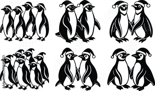 Adorable Penguins Wearing Santa Hats Christmas Illustration