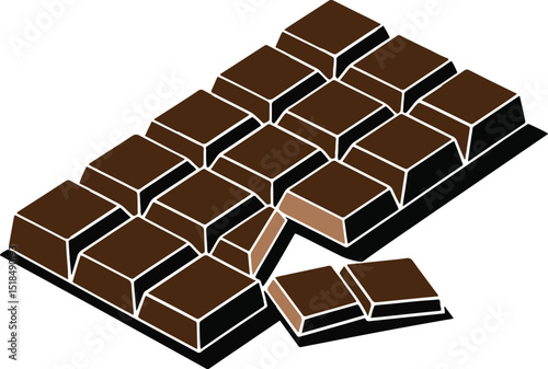 Stylized Isometric Chocolate Bar with Section Broken Off on a White Backdrop
