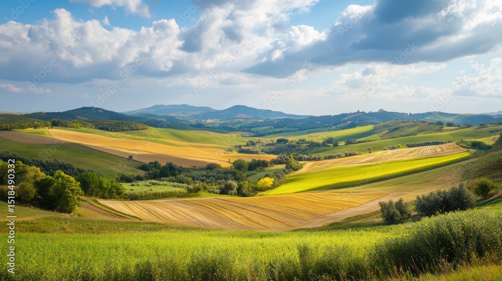 Fototapeta premium Tuscan Countryside Panorama: Rolling Hills, Golden Fields Under a Summer Sky