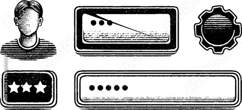 Engraved avatar and interface elements collection for design projects