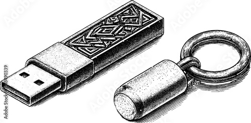 Usb flash drive and cap engraved illustration set for technology design