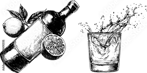 Vintage engraving of vermouth bottle and citrus with splashing glass for beverage design