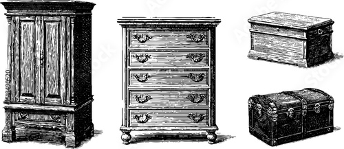Antique furniture engravings set featuring vintage armoire and chest designs