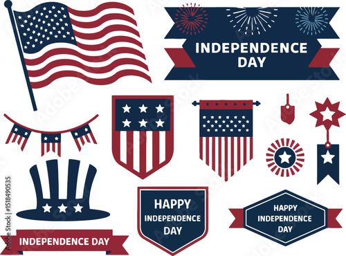 US Patriotic Symbols, Independence Day Elements, Stars and Stripes, Celebration on White