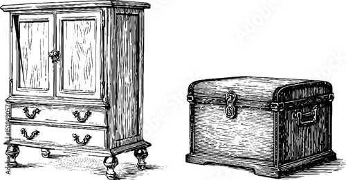 Vintage engraved illustration of armoire and chest set for antique design