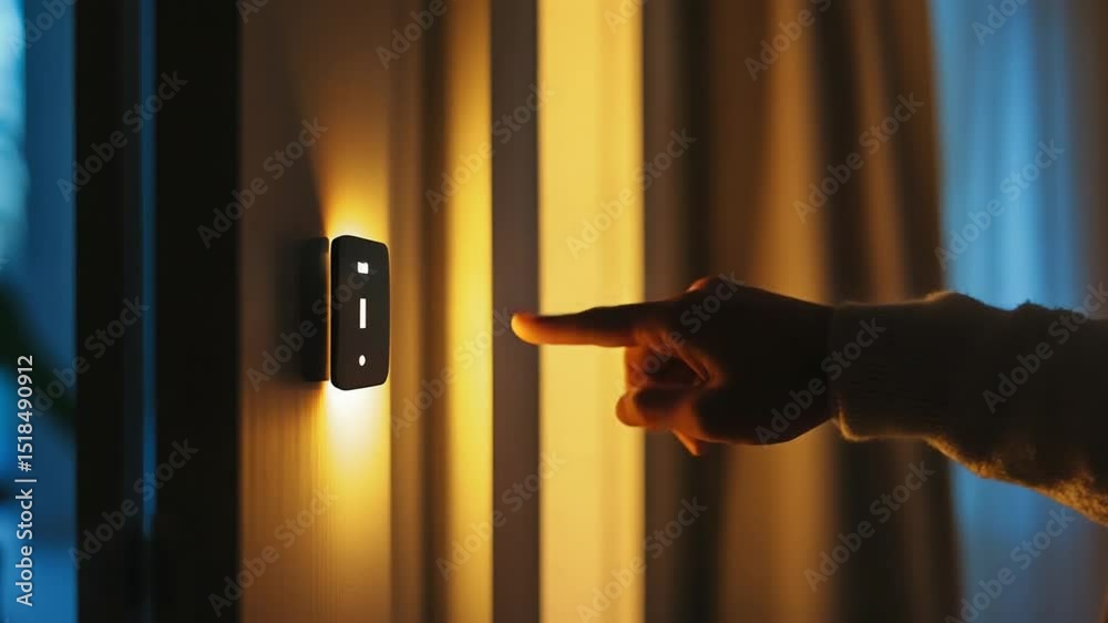 Activating Smart Home: Finger Touches Intelligent Light Switch to Adjust Lighting