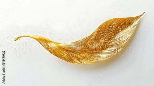 A single gold, fluid leaf-shaped curve, isolated on a white background with tiny, precise specks simulating veins or ripples in water.