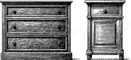 Vintage furniture design: engraved wardrobe and chest illustration set for decor inspiration