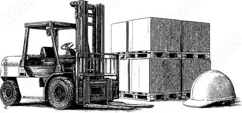 Vintage engraved illustration of warehouse forklift with pallet and safety helmet