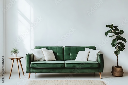 interior with green sofa 3d render illustration mock up on white background