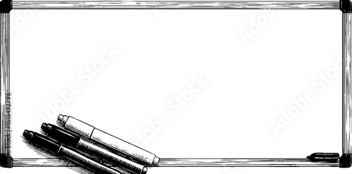Engraved whiteboard design for office or classroom. Illustration with markers and frame. Stationery for educational teaching presentation.