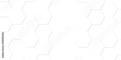 Minimal white hexagonal hexagon modern technology creative emboss light honeycomb polygonal web. abstract geometric science and mosaic tile with template texture background.	
