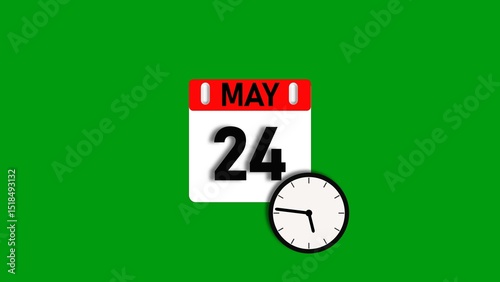 May month 24 date calendar icon illustration. Calendar sign with clock icon background 4k resolution.