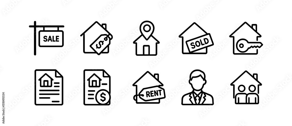 Real estate line icon set: homeownership, realtor, and rent symbols in linear style Real estate line icon set: homeownership, realtor, and rent symbols in linear style