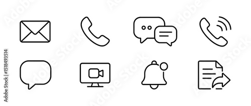 Communication and messaging outline icon set. chat, email, phone symbols collection