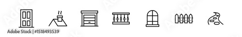 Home and building outline icon set. door, window, fence icons in linear style