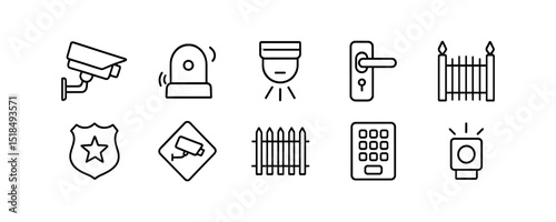 Security and surveillance line icon set. cameras, alarms, and access control icons