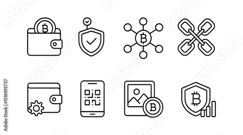 Cryptocurrency line icon set. blockchain, bitcoin, wallet, security, technology icons