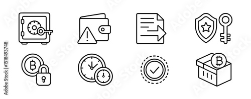 Finance security linear icon set: safe, wallet, bitcoin line illustrations
