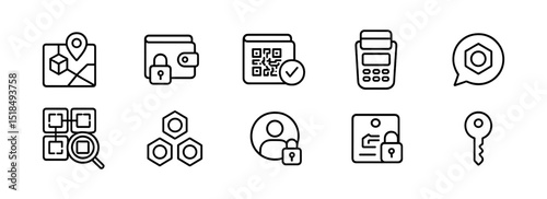 Security and payment linear icon set. lock, qr code, and wallet outline icons