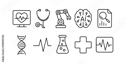Healthcare and medical linear icon set. heartbeat, dna, stethoscope, ai outline icons