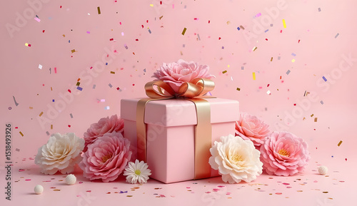 Pink and Gold Gift Box with Carnations and Confetti on Pastel Background
