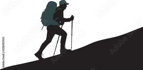 Silhouette of a hiker climbing uphill with trekking poles and backpack represents adventure and challenge