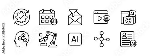 Technology, ai outline icon set. digital, machine learning, internet, automation symbols