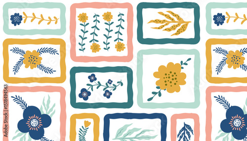 Colorful floral pattern with square frames background illustration