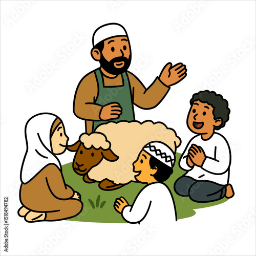 A Father is Teaching His Children About the Sacrifice Worship on Eid al-Adha for Muslims