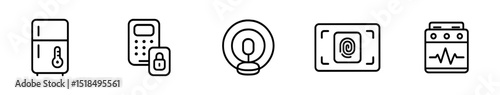 Smart home icon set with security and appliance features in outline style