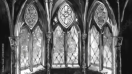 Black-and-white sketch of three arched windows. The windows are divided into panes with decorative tracery and intricate designs at the top.