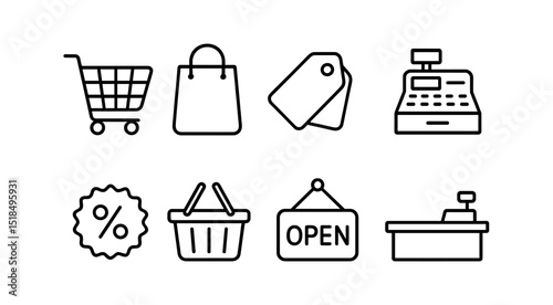 Shopping and retail outline icon set. cart, bag, tag, cash register, sale, open