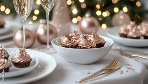Elegant rose gold themed celebration with cupcakes and champagne glasses
