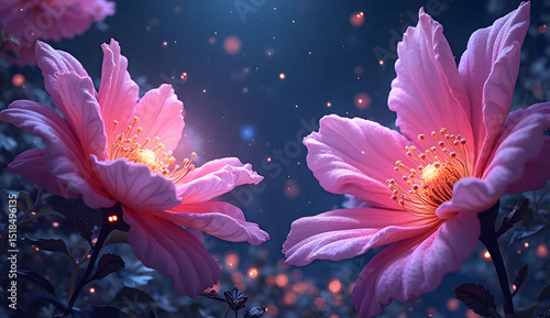 Vibrant Pink Purple Flowers Blooming at Night Under a Bright Light
