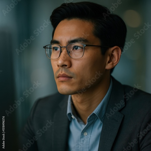 Professional man focused on distant screen while engaged in medical research in urban office space