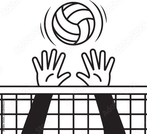 Simple black and white illustration of a volleyball game with hands playing the ball over the net in a sporting event