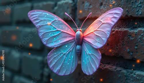 Pink and Blue Butterfly on Dark Brick Wall

