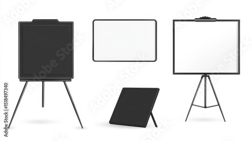 Board set. Realistic blank magnetic board with metal frame, on tripod, hanged on wall set isolated on white background. Vector whiteboard for seminar, presentation, training, education illustration i