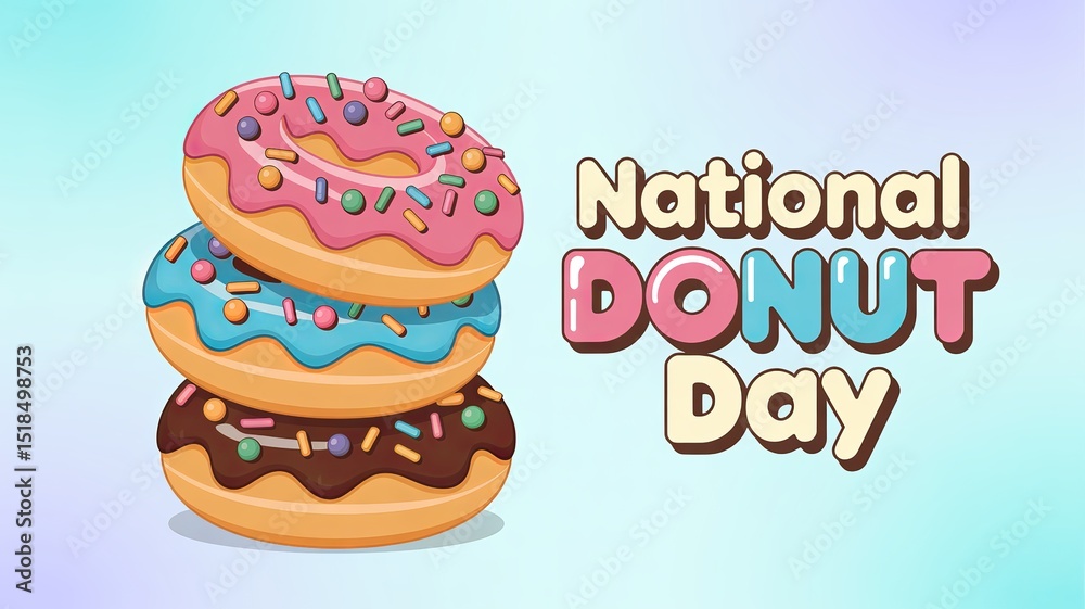 Yummy stacked donuts create colorful, playful donut day poster. Yummy stacked donuts create colorful, playful donut day poster.