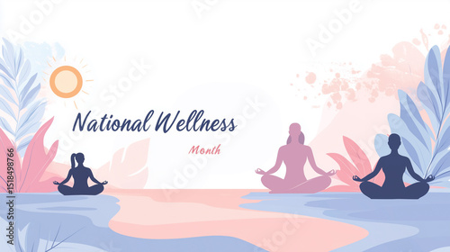 Banner National Wellness Month. Pastel tones, organic shapes, minimalist silhouettes diverse individuals practicing wellness activities. Yoga and meditation. Wellness programs, healthcare campaigns se