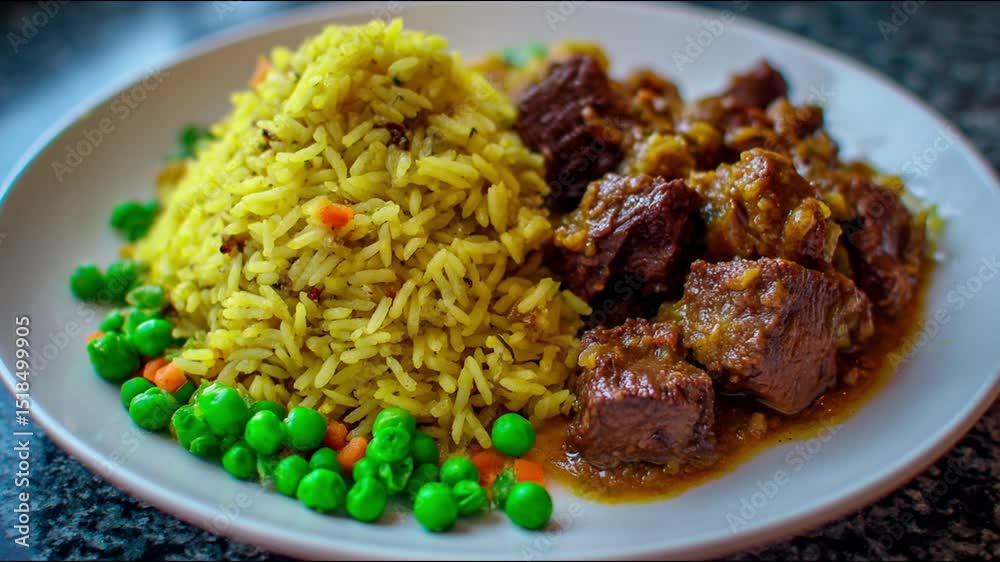 Delicious meal with meat, yellow rice, and peas on a plate. Delicious meal with meat, yellow rice, and peas on a plate.
