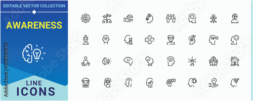 Awareness line icon set. Pack of psychology, health, person, spirit and more. Mindfulness simple icon set. Outline symbol collection. Editable stroke collections.