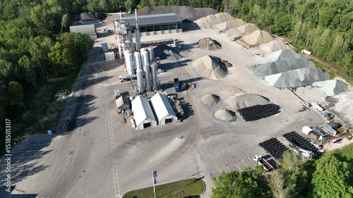 Industrial Facility with Extensive Sand and Gravel Storage and Machinery. Top view of industry manufactory