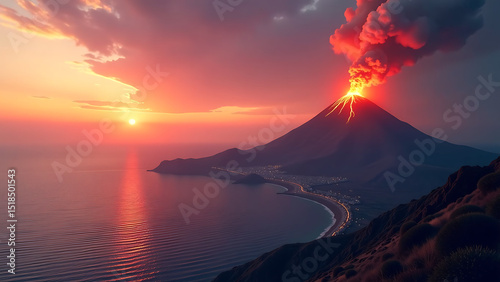 capture wide shot etna erupting sicily coastline sea glowing sunset
