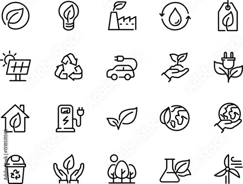 Eco and sustainability icon set—20 environmental outline icons