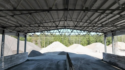 Industrial Facility with Extensive Sand and Gravel Storage and Machinery. Top view of industry manufactory