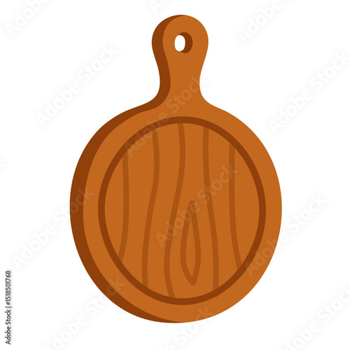 Vector illustration of a round wooden cutting board with handle, cartoon flat style, isolated.