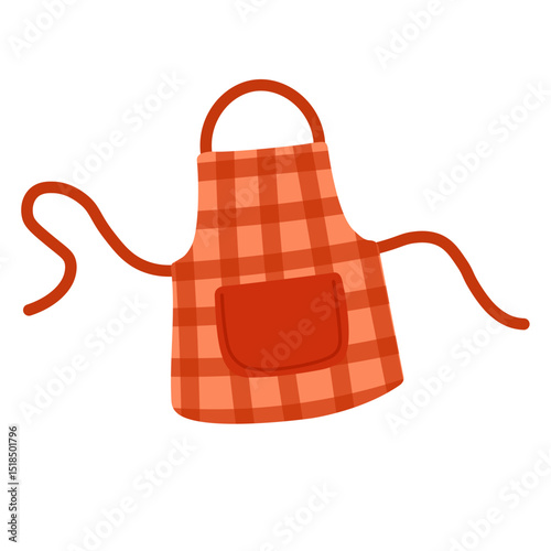 Vector illustration of a red plaid apron with pocket and straps, cartoon flat style, isolated.