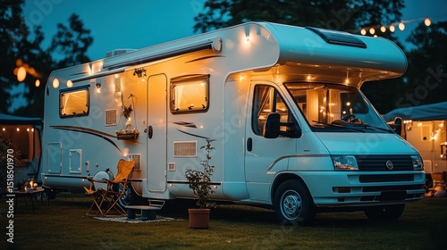 White camper van at night, lit by string lights